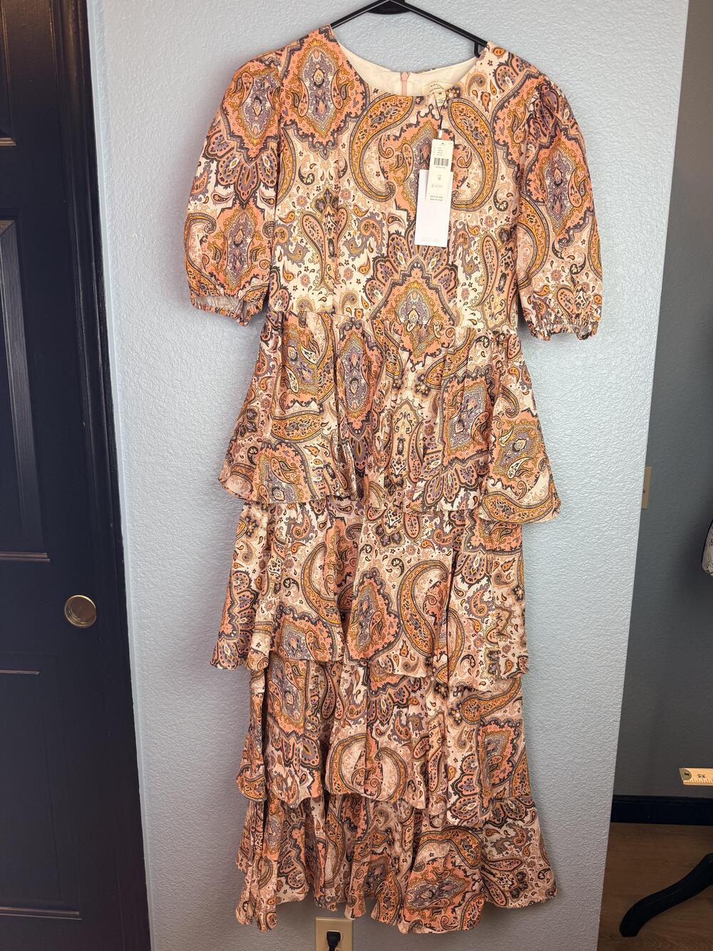 Kachel X Anthropologie Dress Womens Medium Pink Paisley Tiered Maxi Boho Ruffle